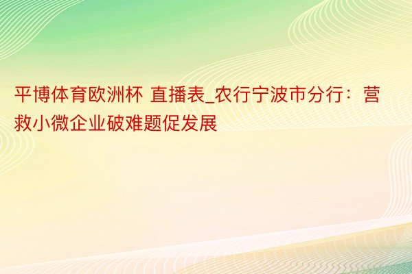 平博体育欧洲杯 直播表_农行宁波市分行：营救小微企业破难题促发展